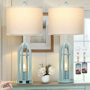 Cinkeda Table Lamps for Living Room Bedroom with USB A+C Ports AC Outlet Nightlight Modern 3 Way Dimmable Touch Bedside Nightstand Lamp Set of 2 Coastal Blue